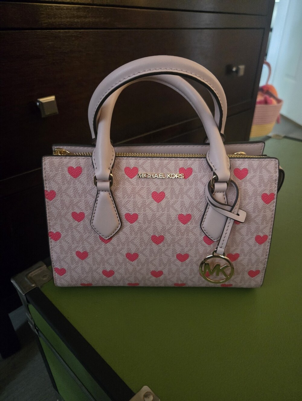 Michael Kors Pink Heart Print Satchel with Gold Hardware nwt